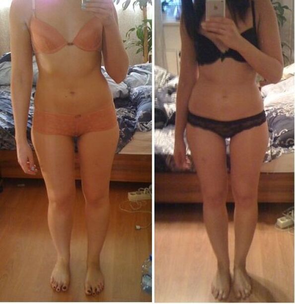 En jente før og etter å gå ned i vekt på en japansk diett på 14 dager
